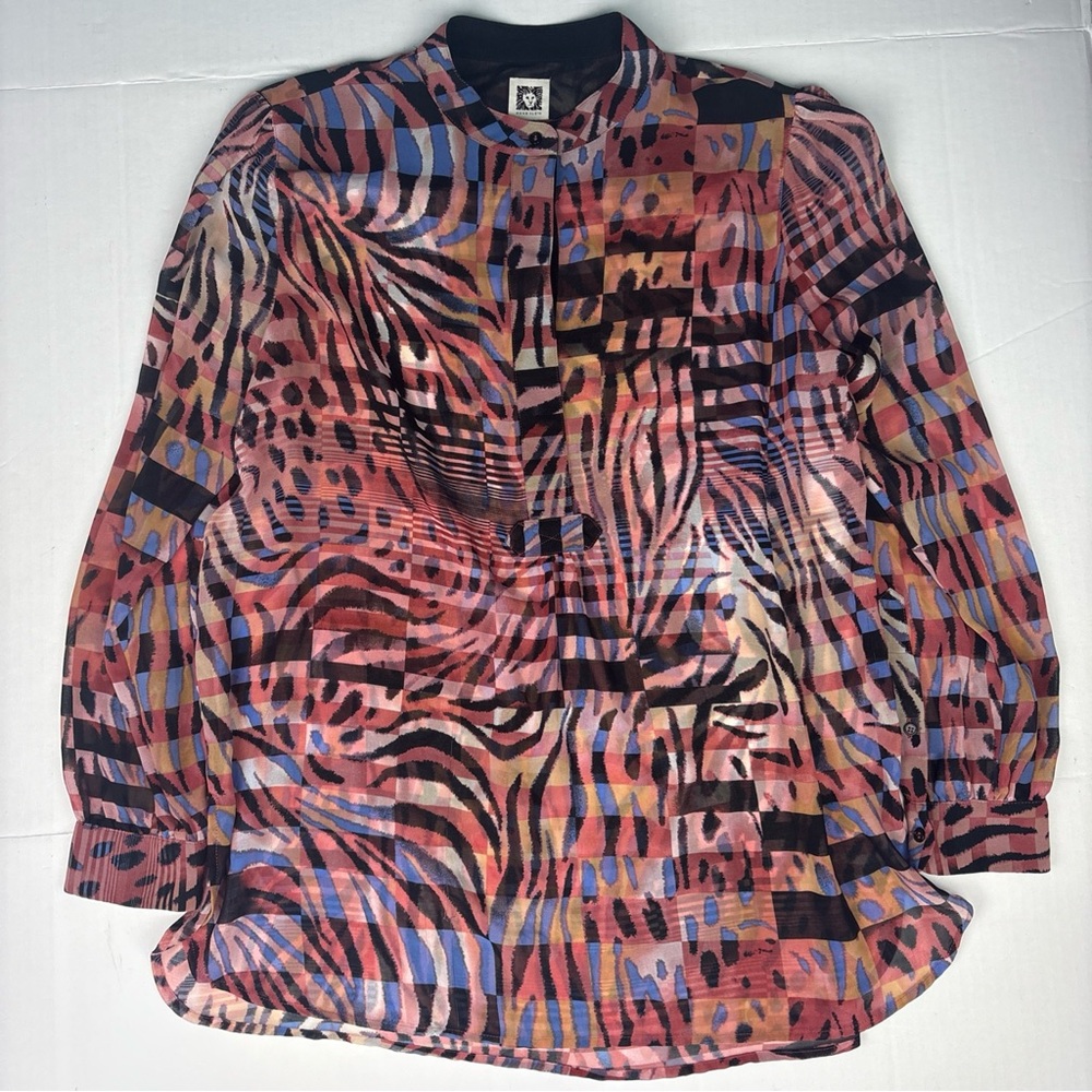 Anne Klein Women's Size 16 Shirt Colorful Artsy Abstract Sheer Button Up Poly